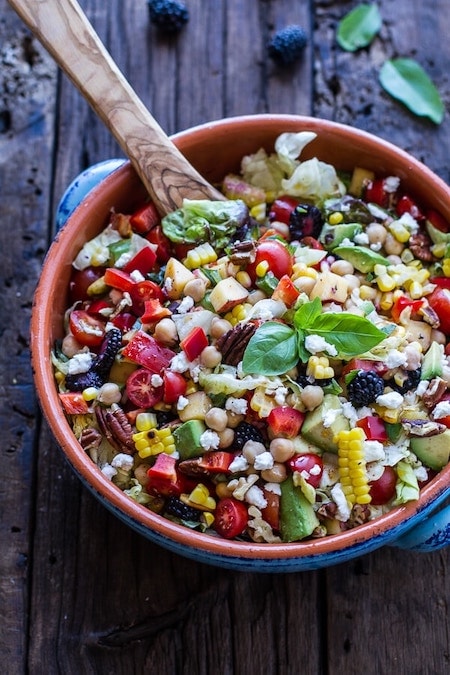 summer herb and chickpea chopped salad with goat cheese